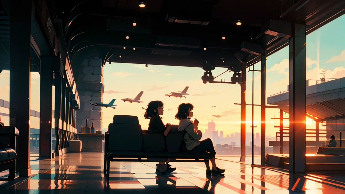 New modern airport, Sit while the plane is flying,waiting, It has a nice atmosphere, Adult women, Trunk Case ,Perfect Face, A melancholic look, (Backlight: 1.1), A scene from a movie, Soft Shadows, masterpiece, Highest quality, Complex, Model shooting style, Film Grain, Wide Shot、Red lipstick