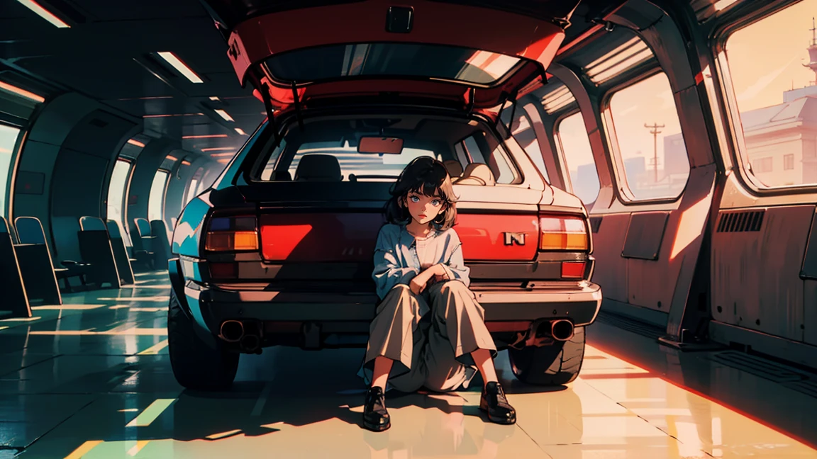 New modern airport, Sit while the plane is flying,waiting, It has a nice atmosphere, Adult women, Trunk Case ,Perfect Face, A melancholic look, (Backlight: 1.1), A scene from a movie, Soft Shadows, masterpiece, Highest quality, Complex, Model shooting style, Film Grain, Wide Shot、Red lipstick