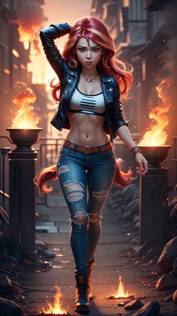 score_9, score_8_up, score_7_up, score_6_up, score_5_up, score_4_up, (Sunset Shimmer from equestria girls), (1girl), movie accurate equestria girls, medium breasts, angry, full body view, ((glowing veins, glowing body)), beautiful, female, long hair, (Fiery_Hair), vector, cute, ((fire, flames, body covered in fire, fire aura)), (Chern4byl enviroment), black leather jacket, torn crop top shirt, torn form fitting blue jeans