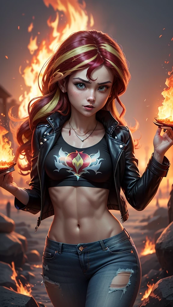 score_9, score_8_up, score_7_up, score_6_up, score_5_up, score_4_up, (Sunset Shimmer from equestria girls), (1girl), movie accurate equestria girls, medium breasts, angry, full body view, ((glowing veins, glowing body)), beautiful, female, long hair, (Fiery_Hair), vector, cute, ((fire, flames, body covered in fire, fire aura)), (Chern4byl enviroment), black leather jacket, torn crop top shirt, torn form fitting blue jeans