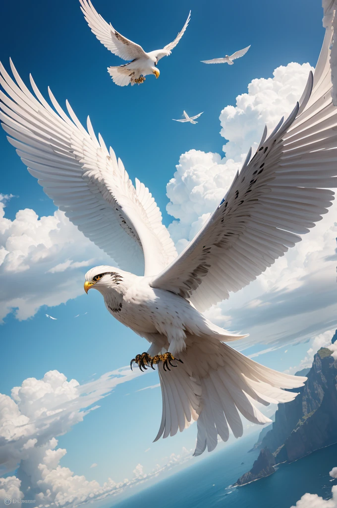 Title: Watchful Wind and the Infinite SkiesAttributes: Aerathos is the god of the wind and the skies. Represents freedom, surveillance and communication.Physical appearance: A transparent and aerodynamic being, with enormous wings that seem made of breeze and clouds. His eyes are two whirlpools in constant motion.Symbols: Cloud, the falcon, the pen.