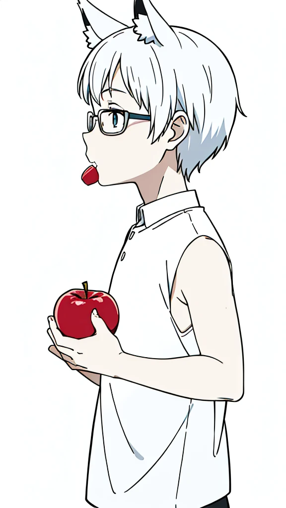 (1boy,,kid),solo,happy,white hair,short hair,fox ears,white shirt,sleeveless,upper body,(white background,line drawing),white glasses,profile,eating a apple