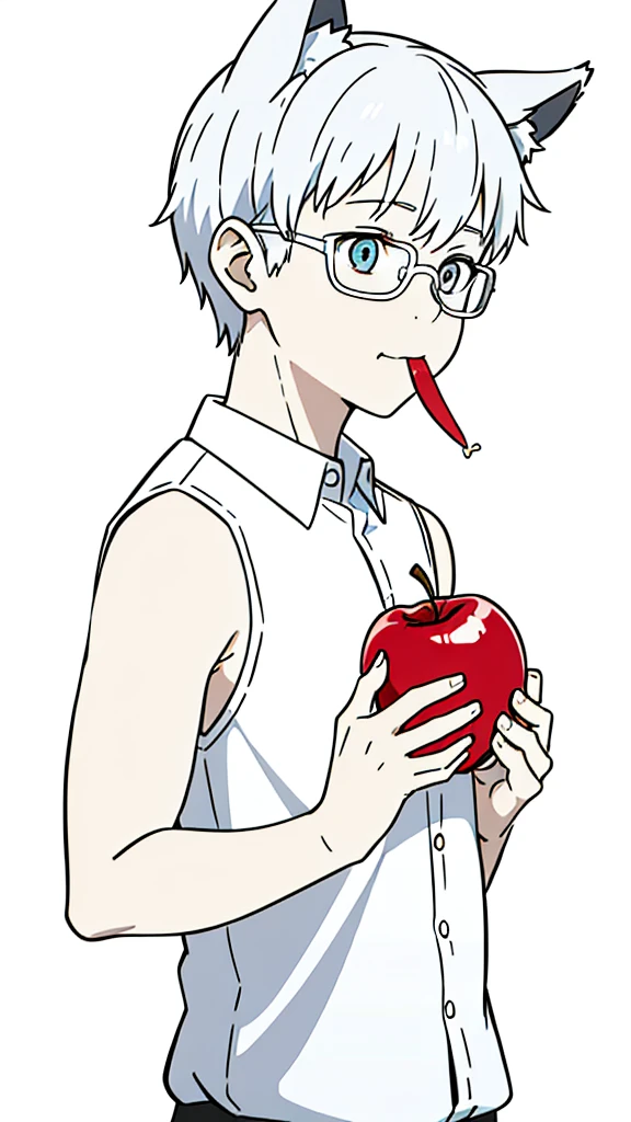 (1boy,,kid),solo,happy,white hair,short hair,fox ears,white shirt,sleeveless,upper body,(white background,line drawing),white glasses,profile,eating a apple