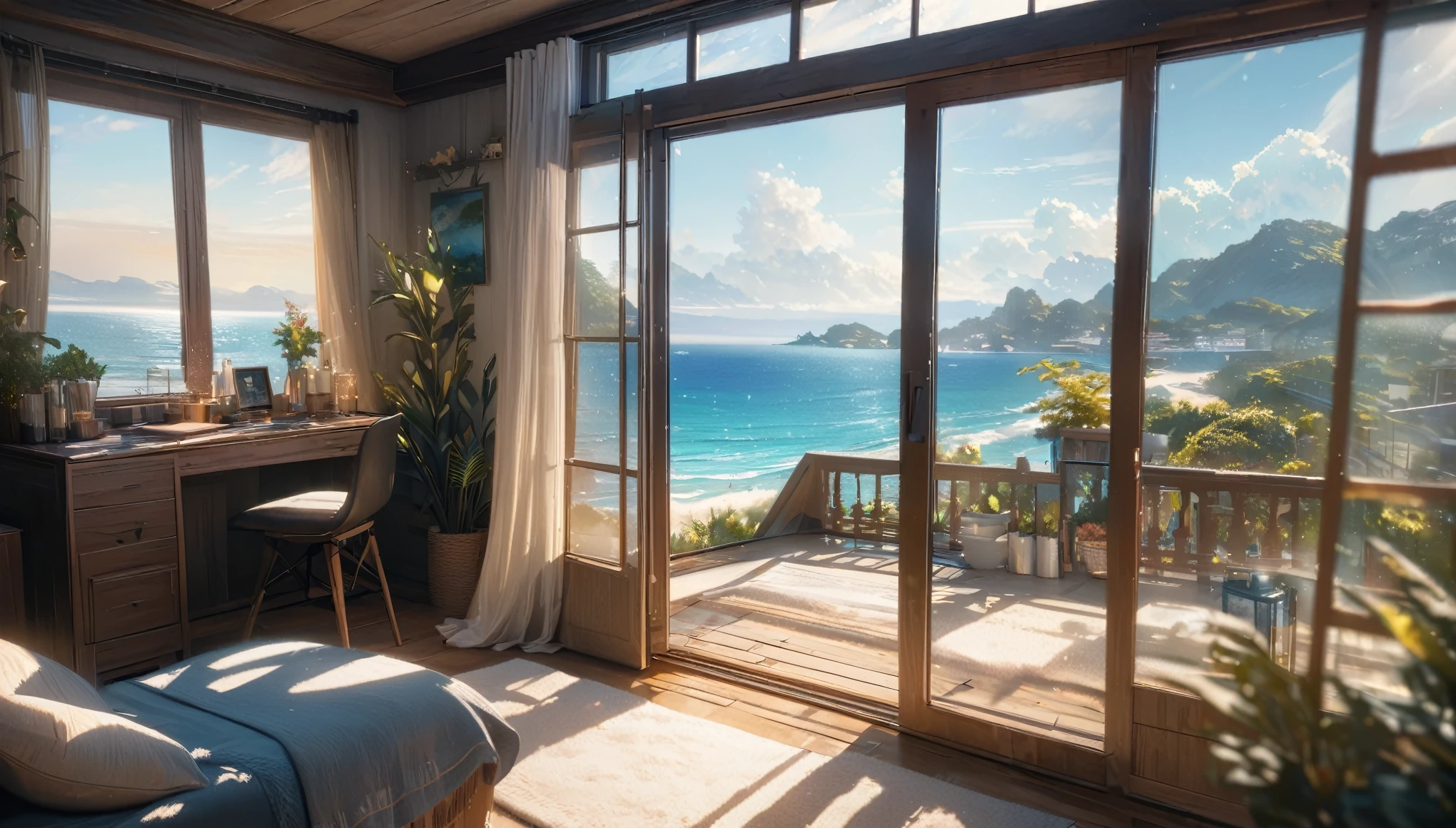 Holiday Homes, Large windows and beautiful views,Inside the room,Blur the background,Pleasant sea breeze,Glitter effect,Highest quality, 8K, High resolution, masterpiece:1.2, Very detailed, Realistic:1.37, High resolution, 超High resolution, Ultra-fine painting, Very detailed, Professional, Vibrant colors
