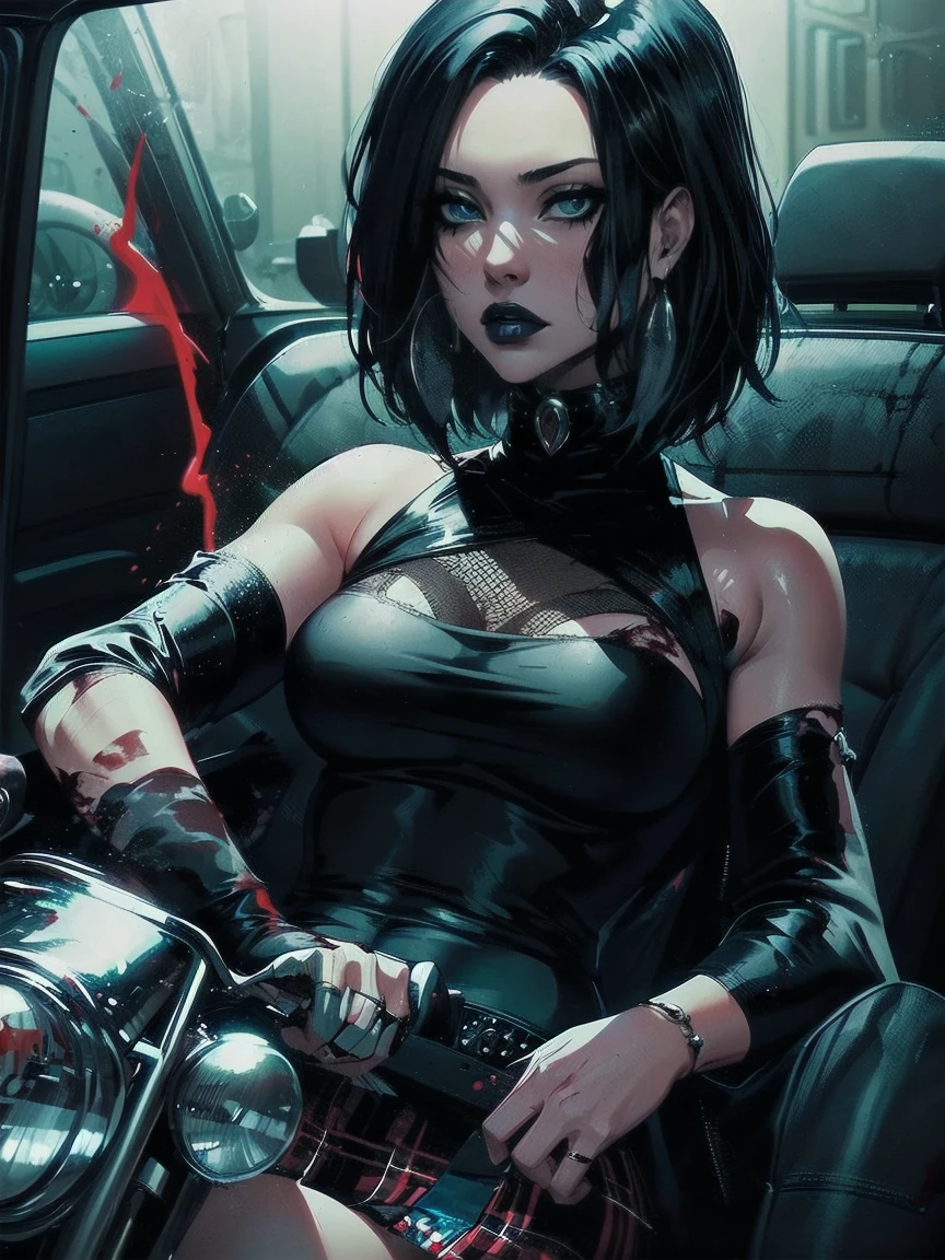 a woman with medium black hair, hair on shoulders,  wearing plaid skirt, black jacket,  blue eyes, gothic art, cute aesthetic with vibe, toon aesthetic, wearing gothic accessories, look like Cassie Hack, upper body, driving on the motocicle, scene crime, blood background, dinamic poses