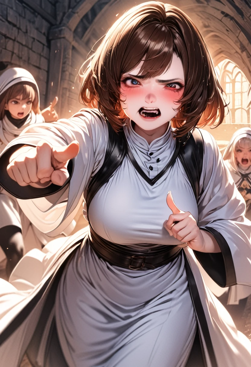 Adult female, dark fantasy, very short brown hair, red eyes, cleric, black on white cleric robes, blushing, angry, dungeon, pointing, running, highly detailed, high quality, anime