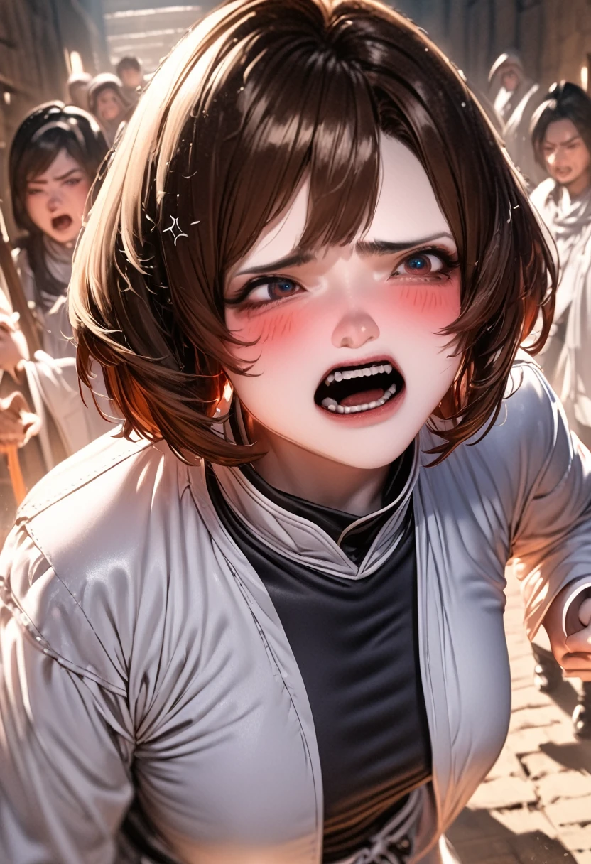 Adult female, dark fantasy, very short brown hair, red eyes, cleric, black on white cleric robes, blushing, angry, dungeon, pointing, running, highly detailed, high quality, anime
