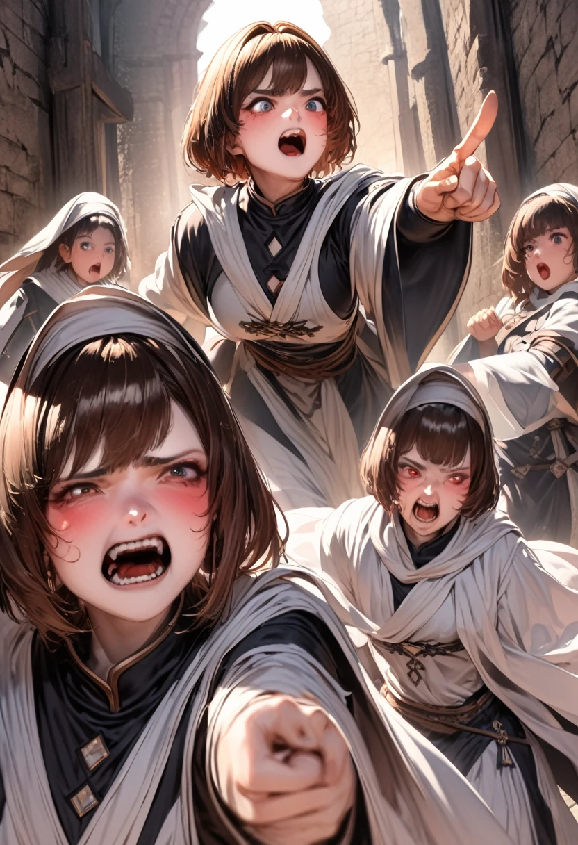 Adult female, dark fantasy, very short brown hair, red eyes, cleric, black on white cleric robes, blushing, angry, dungeon, pointing, running, highly detailed, high quality, anime