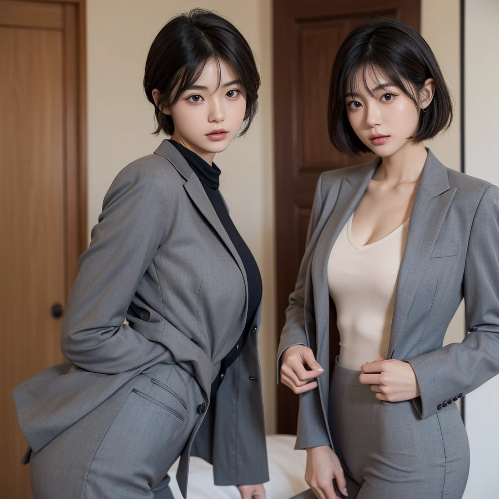 (PICTURE REALISTIC),(perfect quality), beautiful japanese girl, age 21 years, short-hair, wearing a formal suit, using suit, gray color, imagem de costas, your face is perfect, ( big buttocks 1.5) , 4K, is in a room, is looking at the camera