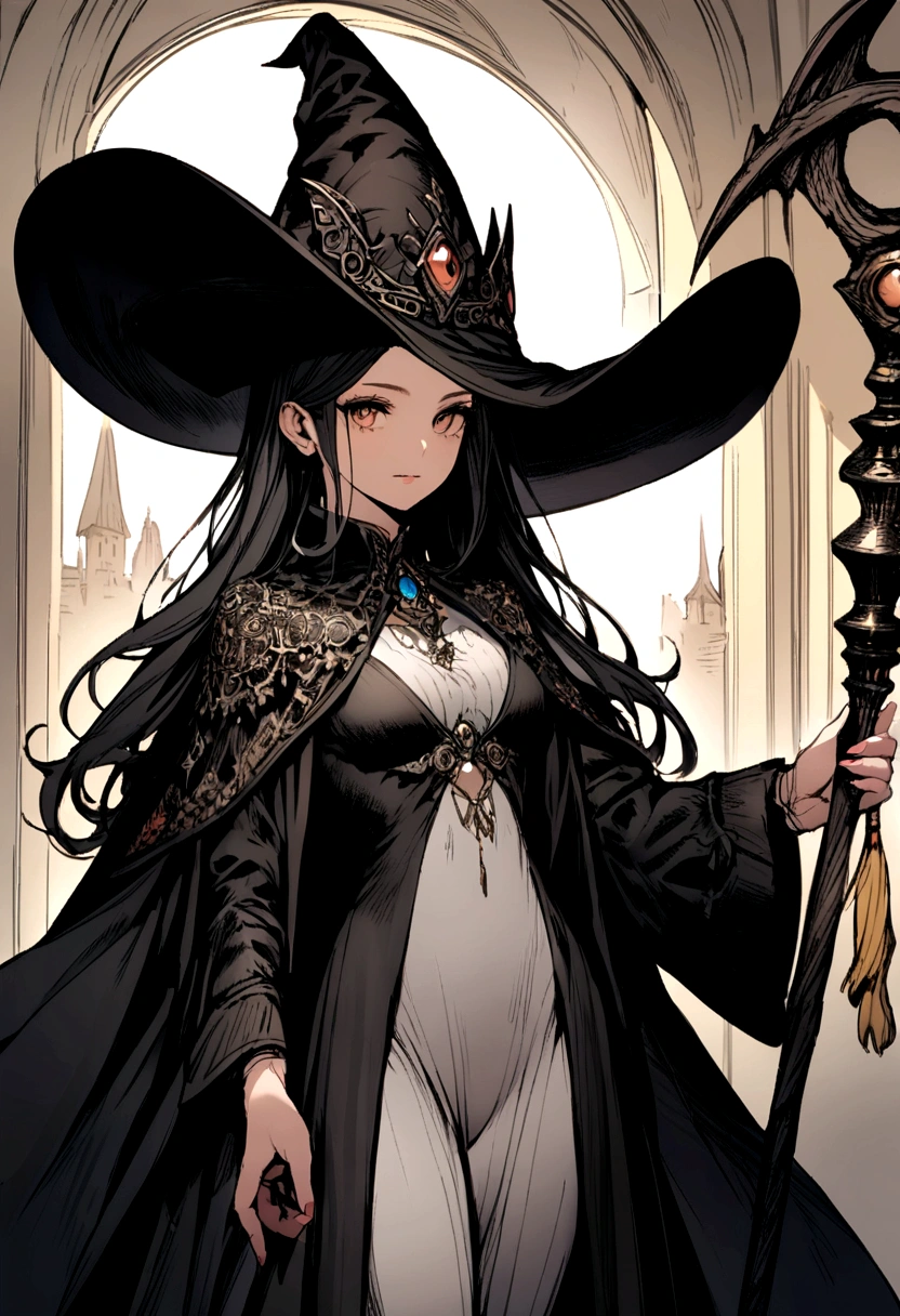 fantasy witch holding a staff with a wizard hat