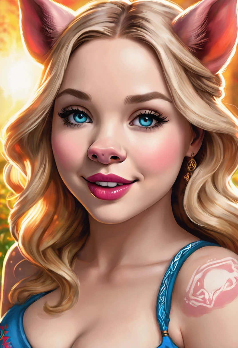 Create an illustrated, hand-drawn, full-color image of an humanoid, hybrid, anthropomorphic, y pig woman. The artwork should be rendered in the style of "Breath of the Wild," featuring warm lighting and shadows. Include graphite shading, stencil marks, and airbrushed acrylic paint effects. The image should be of the highest quality, a masterpiece with intricate details.
The pig woman should have a female, humanoid, appearance. She should have luscious lips, a wide smile, and bright, expressive eyes, exuding beauty, cuteness, and adorableness. Ensure the image is high resolution and sharply detailed, with a detailed and vibrant background. Scarlett Johanson, Alison Brie, Dove Cameron
Incorporate mystical lighting in the background, creating a romantic and enchanting atmosphere.