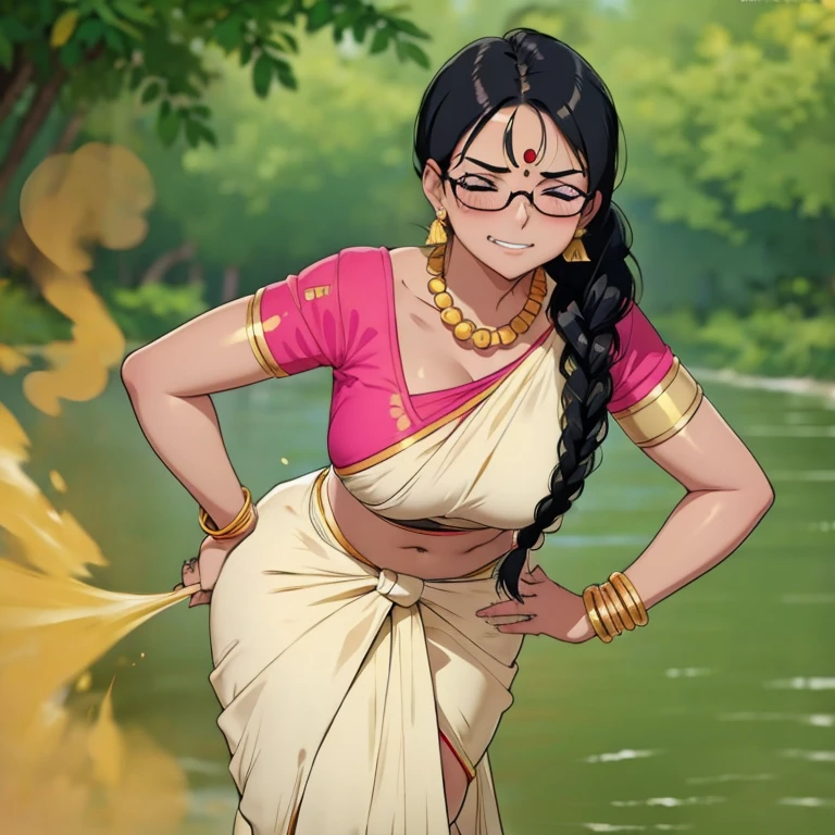 solo, 1female, indian teenage girl, black hair, hair tied in braids, tomboy hair bang, wearing glasses, blushing intensely, skinny body, dark skin, clenching teeth, smiley face, one eye closed, soft lips, pink saree, wearing golden necklace and earrings, wearing golden bracelets, bend over, letting out fart, massive fart, yellow smoke rising, hand on tummy, sexy body, bending forward, leaning, hand on stomach, alone by the river