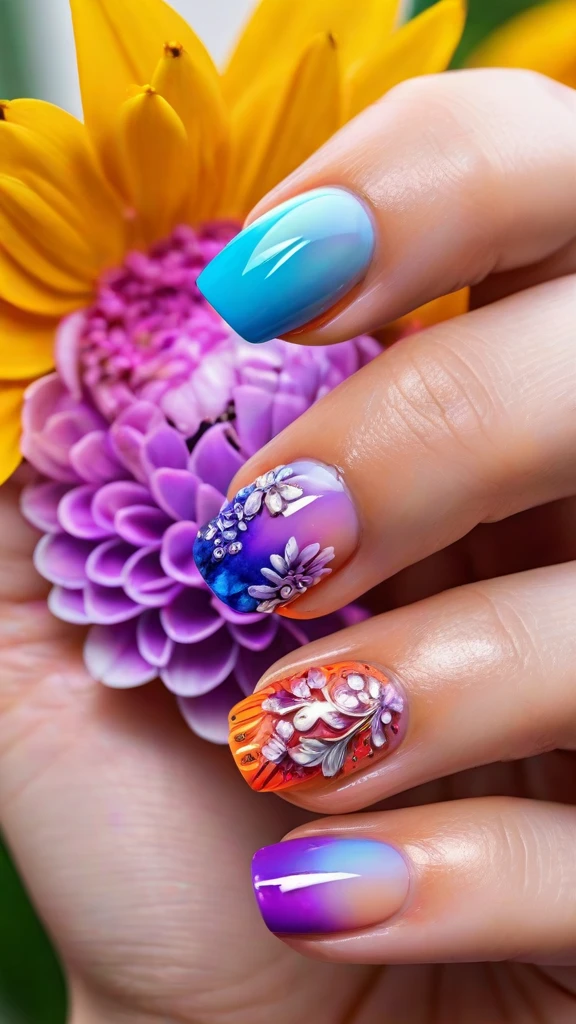 detailed painted nails, intricate nail art, floral nail designs, gem-encrusted nails, metallic nail polish, ombre nails, 3D nail art, holographic nails, glossy manicured nails, acrylic nails, (best quality,4k,8k,highres,masterpiece:1.2),ultra-detailed,(realistic,photorealistic,photo-realistic:1.37),macro photography, close-up, sharp focus, vibrant colors, natural lighting