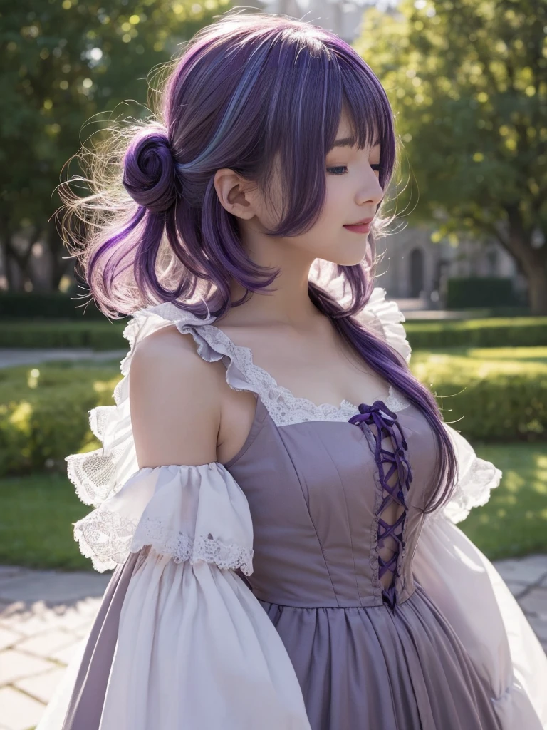(Highest quality, Very detailed, masterpiece:1.2), 1 female, Very thin body, length, Thin legs, ((Purple-hair-color wavy short hair:1.2)), ((Thick and fluffy bangs)), full body,Very detailedな顔,A faint smile, small, Thin Nose, small thin mouth, ((one eye closed)), Japanese, Beautiful Face, Realistic eyes, Beautiful and beautiful eyes, Realistic Skin, Beautiful Skin, charm, (Lively Faces), Beautiful Hairstyles,((Victorian Dress)), Gothic design, Creepy and unique hairstyles, High resolution, Vibrant color palette,(dynamic-pose,from side,arched back),Old castle in the background, weird lighting, and a small, old castle in the background,