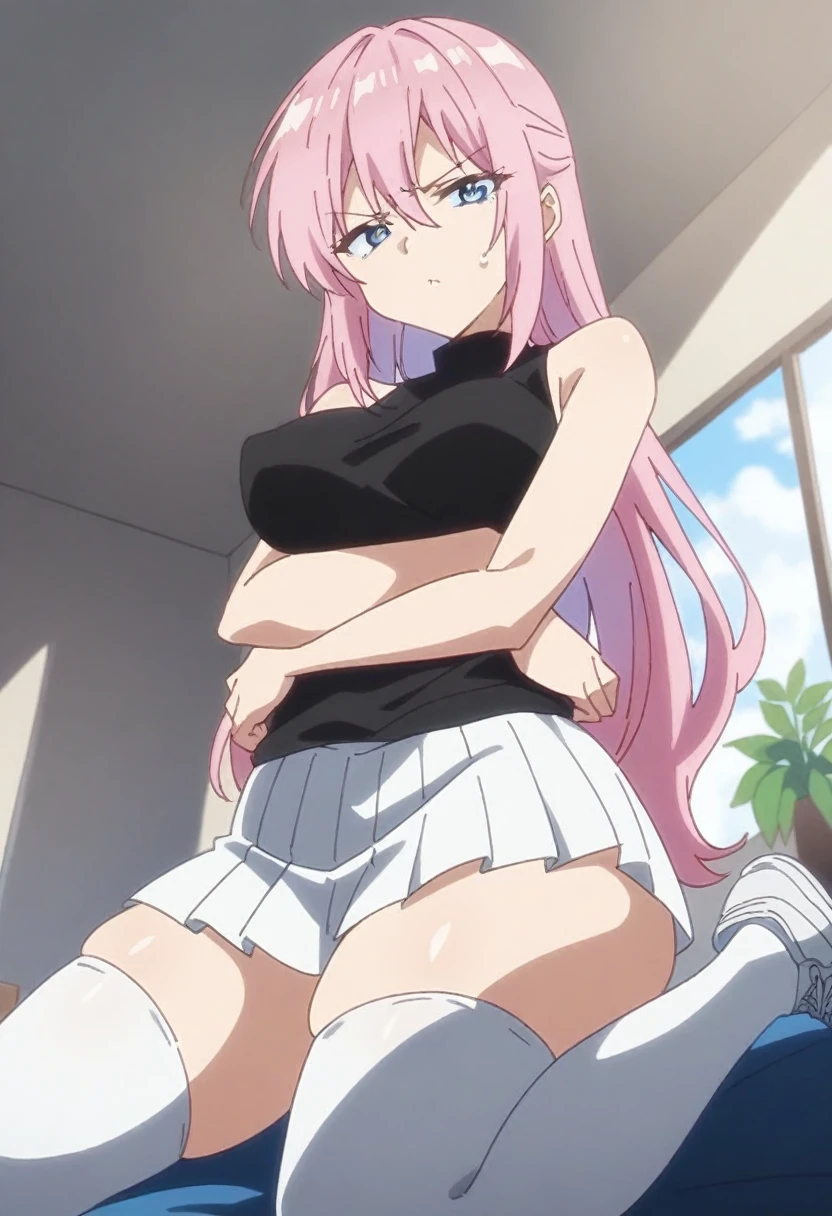 anime art style, 2d, masterpiece, best quality, very aesthetic, absurdres, dynamic shadows, atmosferic, shikimorisan, (1girl), pink hair, long hair, blue eyes, narrowed eyes, detailed eyes, hair between eyes, bangs, medium breasts, makeup, curvy body, sexy, turtleneck shirt, black shirt, white skirt, pleated skirt, white thighhighs, see-throught thighhighs, panties, bare shoulders, bare arms, sneakers, angry, ((cowboy shot)), ((arms on back)), (wariza), (from below), (bed), (furniture), (plants), (indoors), (window), (looking at viewer:1.0)