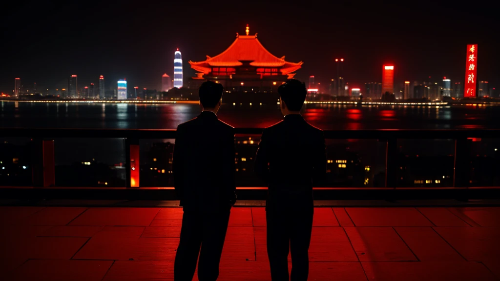 The man turned his back to him,Naked back,There are bright red Chinese characters on the back,The background is a big city,night