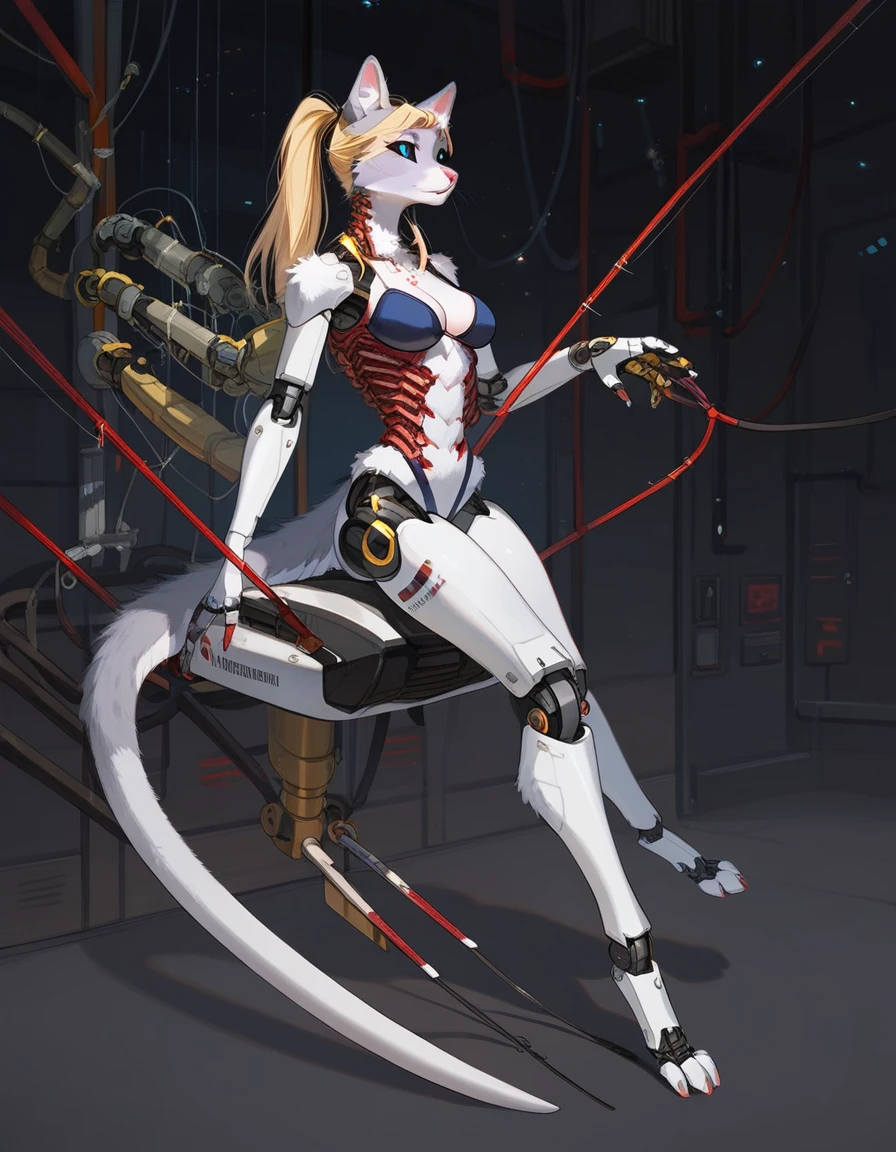 (((​masterpiece)))、((top-quality))、(The ultra-detailed)、8K、(Very noble and beautiful))、Cinematic Light、((1 Mechanical anthropomorphic feline girl, Kat, blonde hair in a ponytail, pink nose, :3, silver fur, )) black ceramic body、luminescent android blue eyes, black sclera 、The  is visible、Single、(Mechanical joint:1.4)、((Mechanical limb))、(Blood vessels attached to tu(Mechanical spine attached to the back))、((Mechanical cervical vertebrae attached to neck))、(Wires and cables attached to the head and body:1.5)、 neon details、Science fiction、full body shot, The background is Cyberpunk City、
