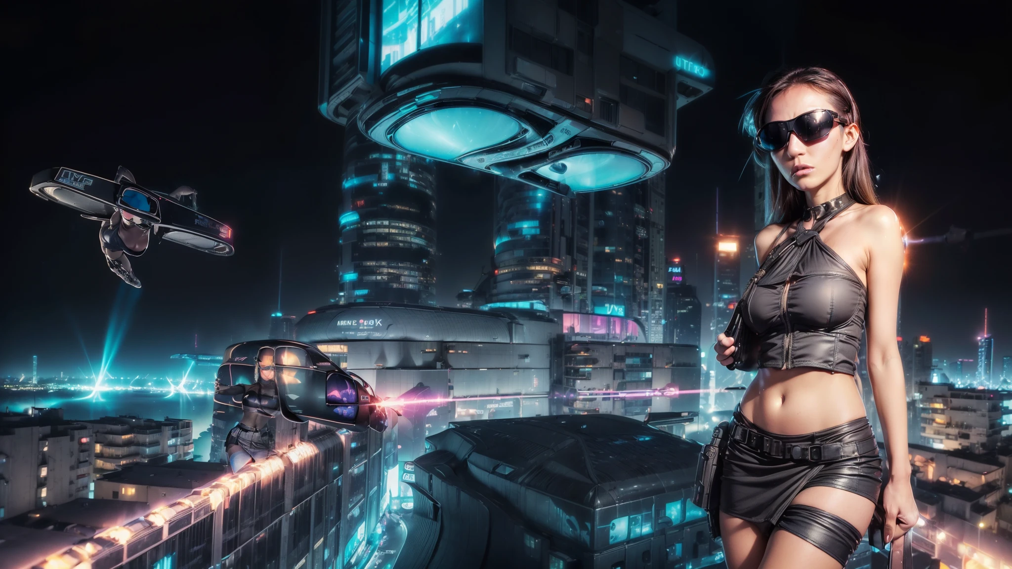 masterpiece, best quality, high resolution, 8k, (Portrait Photos:1.5), (R Original Photo), real picture, Digital Photography, (A fusion of cyberpunk and fantasy), 20 year old girl, solo, (((black sunglasses, headphone))), Feel free to hairstyle, Purple Eyes, By Bangs, (large breasts, cleavage, Accessories, Elegant and charming, Combination of cyberpunk and fantasy style clothing, Hollow carving design, Photo poses, Realistic style, (((((((pistol shooting pose))))))), oc render reflection texture, sentry, (((((Cyberpunk style future city, giant (Easter Island Moai) shaped buildings))))), night, Bustling streets, (((((half-body (thigh level) medium shot))))).