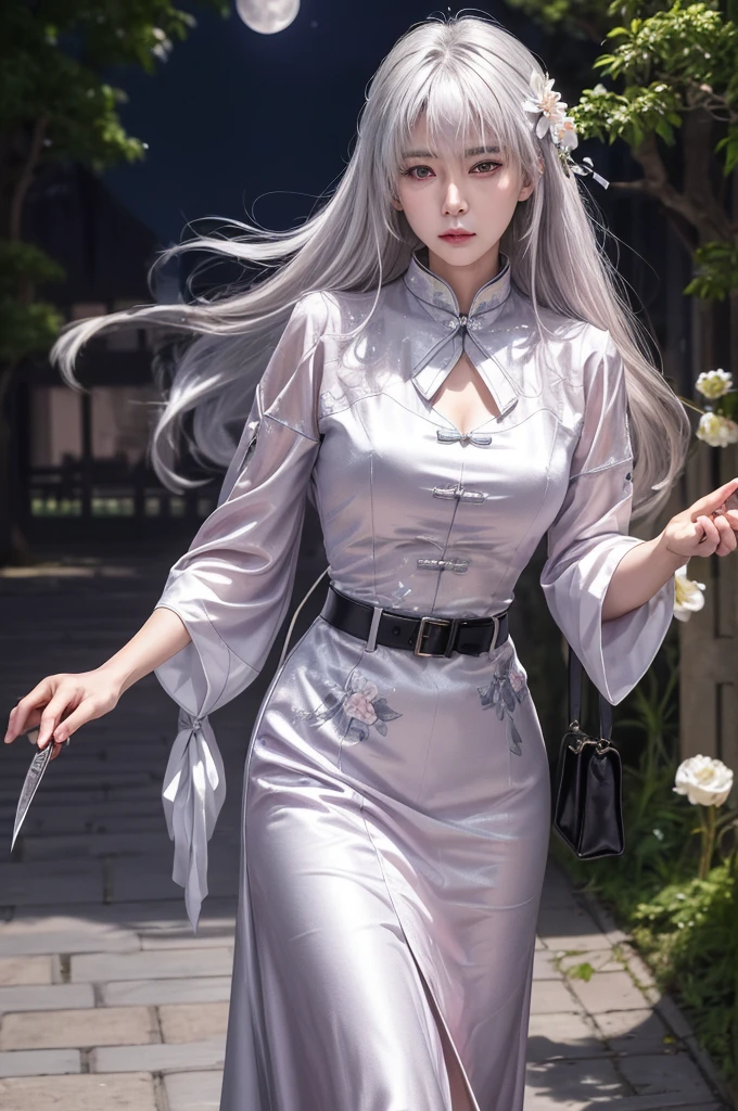 masterpiece, best quality, night, Full Moon, 1 girl, Mature woman, Chinese, China, elder sister, Royal elder sister, Cold expression, Poker face, Silver-white hair woman, Light pink lips, calm, Intellectuals, Three belts, Gray pupil, assassin, Short knife, Flower ball background, Strolling the streets