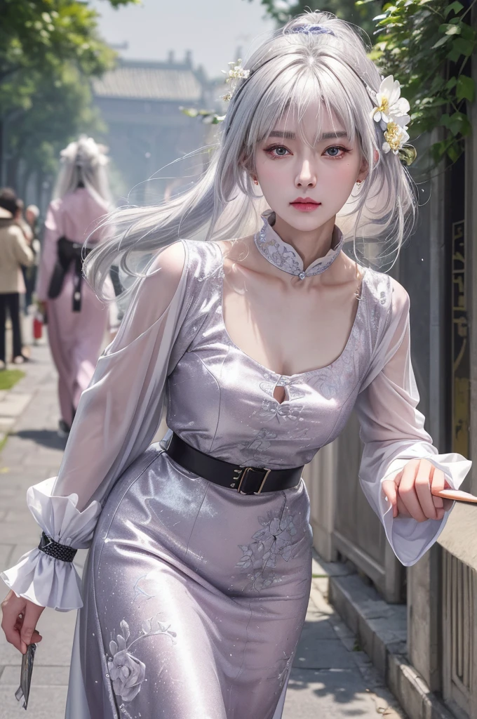 masterpiece, best quality, night, Full Moon, 1 girl, Mature woman, Chinese, China, elder sister, Royal elder sister, Cold expression, Poker face, Silver-white hair woman, Light pink lips, calm, Intellectuals, Three belts, Gray pupil, assassin, Short knife, Flower ball background, Strolling the streets