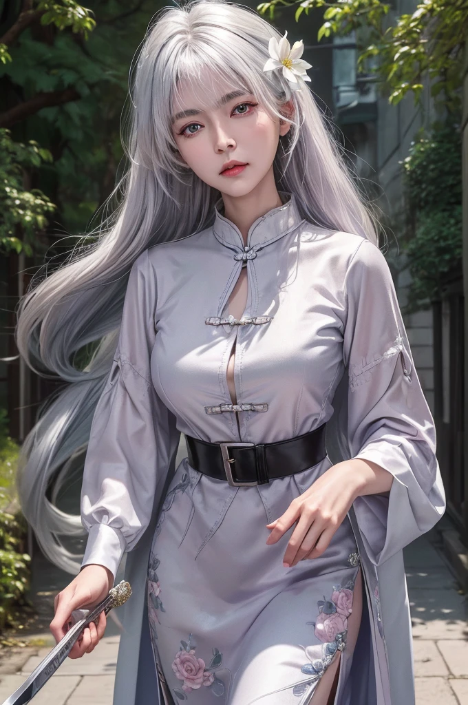 masterpiece, best quality, night, Full Moon, 1 girl, Mature woman, Chinese, China, elder sister, Royal elder sister, Cold expression, Poker face, Silver-white hair woman, Light pink lips, calm, Intellectuals, Three belts, Gray pupil, assassin, Short knife, Flower ball background, Strolling the streets