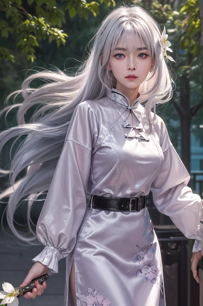 masterpiece, best quality, night, Full Moon, 1 girl, Mature woman, Chinese, China, elder sister, Royal elder sister, Cold expression, Poker face, Silver-white hair woman, Light pink lips, calm, Intellectuals, Three belts, Gray pupil, assassin, Short knife, Flower ball background, Strolling the streets