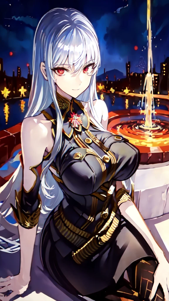 (((masterpiece))), best quality, 1girl, ((pantyhose)), silver hair, red eyes, park in the night with fountains background, looking at viewer, smile, busty, highly detailed face,highly detailed eyes, sitting, hi resolution,4k, mature, 