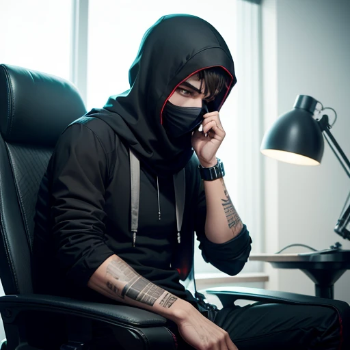 realisitic, sports bandit, neck scarf, long black slim shirt, sitting on gamer chair , mask covering the face