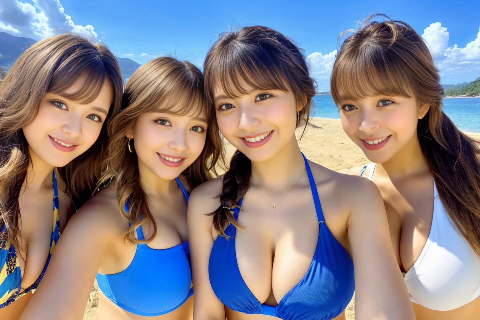(From below:1.4)、(Three Girls:1.4)、Light brown fringe hair、Braided hair、Disheveled Hair、Light brown eyes、(Laughter)、(Big Tits:1.5)、(Highlight the valley:1.3)、Dressing room、Photorealistic、(Shadow:1.1)、(Intricate details:1.2)、(Tabletop、:1.3)、(Highest quality:1.4)、(Ultra-high resolution:1.2)、Ultra-high resolution、(Detailed eyes)、(Detailed facial features)、(Colorful Bikinis:1.2), (Selfie:1.3)、Girls standing side by side、On a tropical beach、blue sky、beautiful sea
