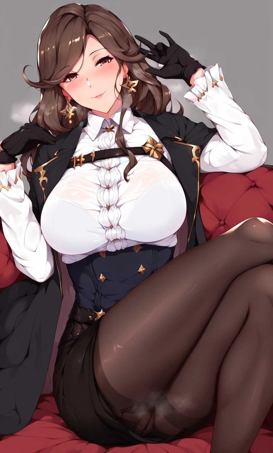 sscore_9, score_8_up, score_7_up, score_6_up, uncensored, katalina \(granblue fantasy\), brown hair, forehead, parted bangs, long hair, wavy hair, brown eyes, adult, mature, naughty face, shiny skin, sweating, steaming body, heavy breathing, BREAK (masterpiece:1.2), best quality, high resolution, unity 8k wallpaper, (illustration:0.8), (detailed eyes:1.3), extremely detailed face, perfect lighting, extremely detailed CG, (perfect hands, perfect anatomy), large breasts, gloves, looking_at_viewer,  solo, pantyhose, shirt, blush, white_shirt, jacket, collared_shirt, crossed legs, 