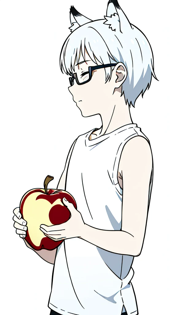 (1boy,10 years old,???),solo,happy,white hair,short hair,fox ears,white shirt,sleeveless,upper body,(white background,line drawing),white glasses,profile,eating a apple,closed eyes