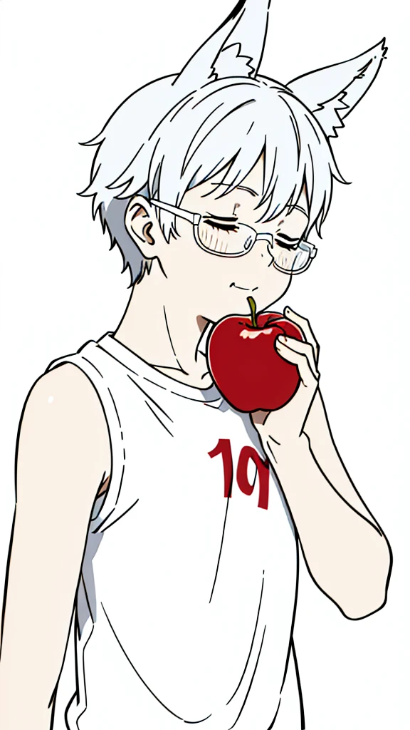 (1boy,10 years old,),solo,happy,white hair,short hair,fox ears,white shirt,sleeveless,upper body,(white background,line drawing),white glasses,profile,eating a apple,closed eyes