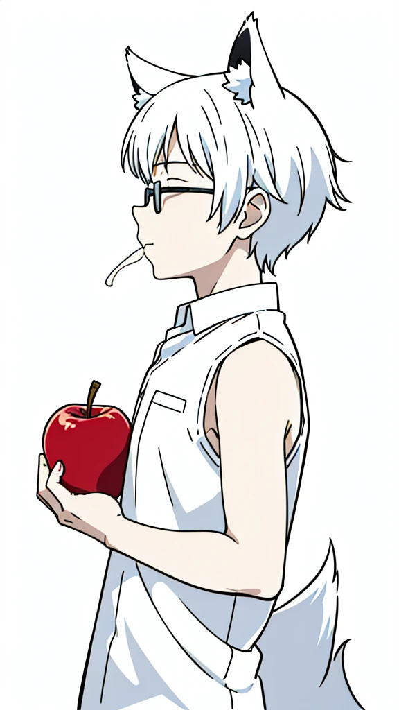 (1boy,10 years old,???),solo,happy,white hair,short hair,fox ears,white shirt,sleeveless,upper body,(white background,line drawing),white glasses,profile,eating a apple,closed eyes