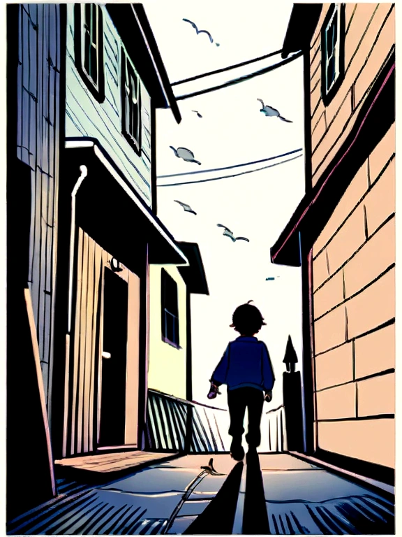 Low RT. 66 Before the Great Storm, nostalgic, boy walking on a street, with brick walls, and some simple houses ahead, reminiscent of childhood