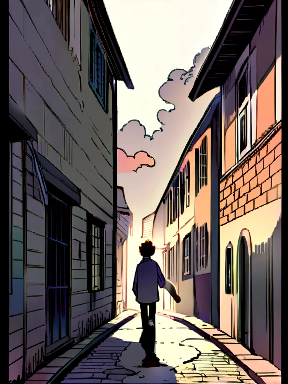 Low RT. 66 Before the Great Storm, nostalgic, boy walking on a street, with brick walls, and some simple houses ahead, reminiscent of childhood