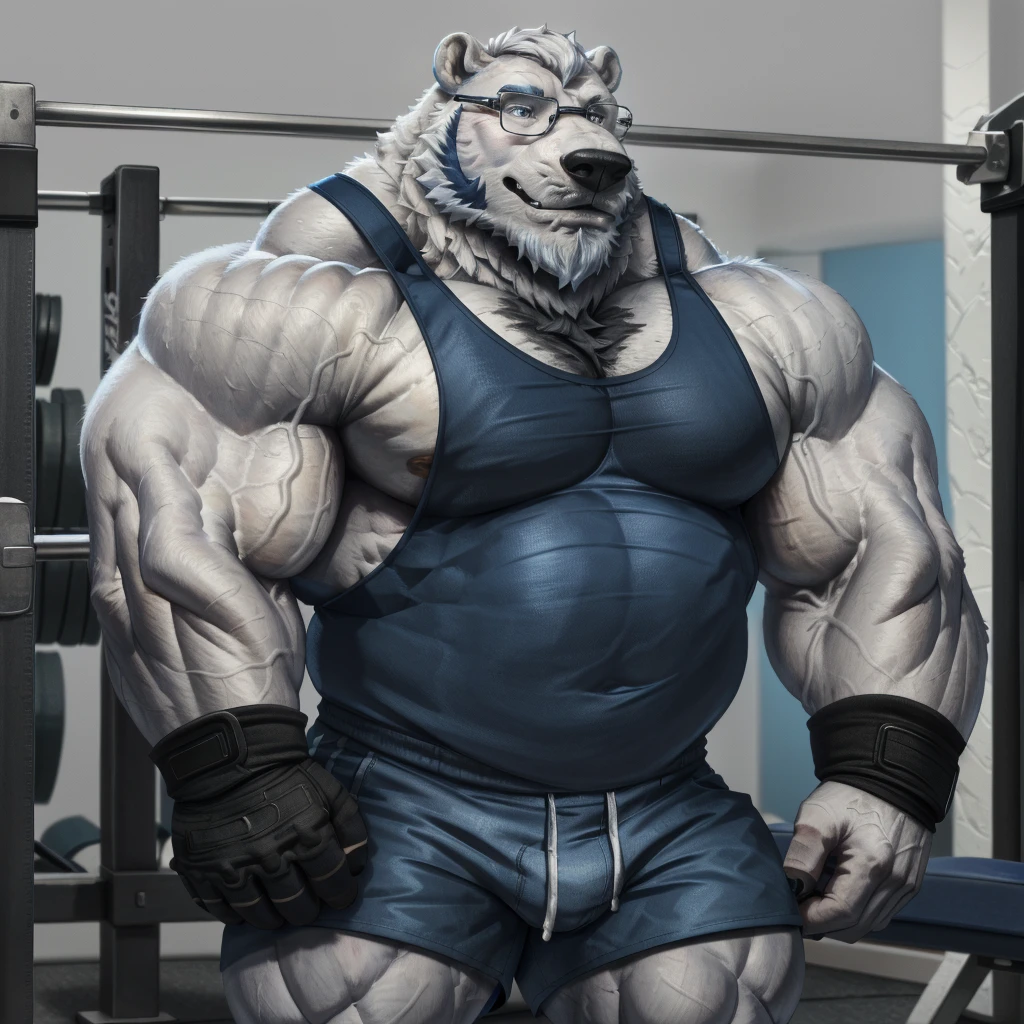 solo, 1boy, Huge Muscular old White Polar Bear wearing glasses, huge white fur, pectoral, huge pectoral, wide pectoral, short white hair, blue colored short pants, blue colored wristbands and blue colored tank top, white bearded, white Mustache, white fur, simple background, masterpiece, high detailed, 8k, high resolution, at the gym, flexes very rock hard and powerfully veiny