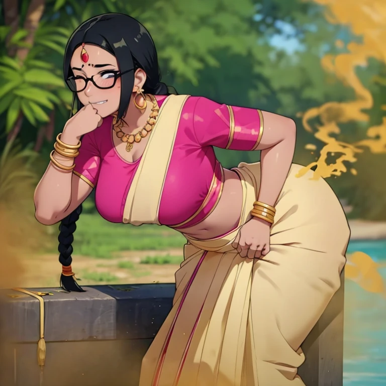 solo, 1female, indian teenage girl, black hair, hair tied in braids, tomboy hair bang, wearing glasses, blushing intensely, skinny body, dark skin, clenching teeth, smiley face, one eye closed, soft lips, pink saree, wearing golden necklace and earrings, wearing golden bracelets, bend over, letting out fart, massive fart, yellow smoke rising, hand on tummy, sexy body, bending forward, leaning, hand on stomach, alone by the river