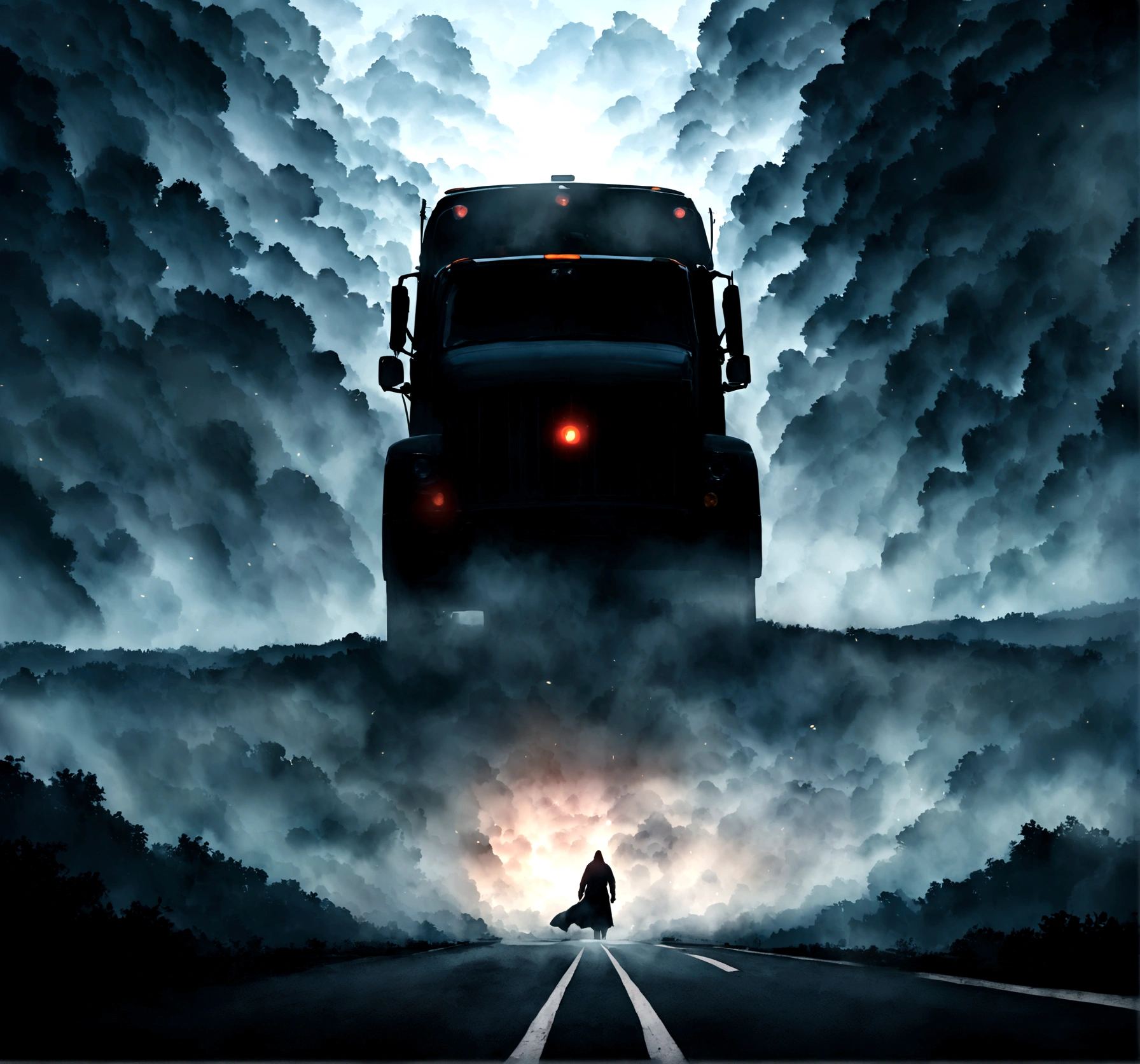 "Create an image of a dense fog enveloping a deserted road at night. In the middle of the road, the high beams of an oncoming truck pierce through the thick fog, creating an eerie, diffuse glow. In the foreground, a car is heading directly towards the truck, seemingly on a collision course. The car's headlights are also on, illuminating the fog and the road ahead. The overall atmosphere is tense and suspenseful, highlighting the danger and uncertainty of the situation."