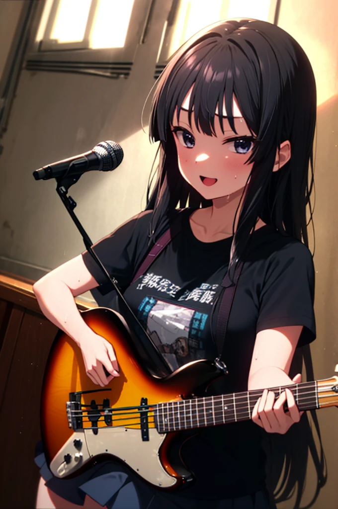 mioakiyama, My Akiyama, Long Hair, bangs, Black Hair, (Iris:1.3), Hime cut,smile,Open your mouth,Wet clothes,Sweat,飛び散ったSweat,Happy atmosphere,Black T-shirt,Short sleeve,Black pleated skirt,Black high socks,Brown loafers,Playing left-handed bass,Stand microphone,Stand microphoneの前で左手用ベースを弾きながら歌っている,whole bodyがイラストに入るように,
break indoors, Live Performance Venues,stage,
break looking at viewer, whole body,
break (masterpiece:1.2), Highest quality, High resolution, unity 8k wallpaper, (figure:0.8), (Beautiful attention to detail:1.6), Highly detailed face, Perfect lighting, Highly detailed CG, (Perfect hands, Perfect Anatomy),