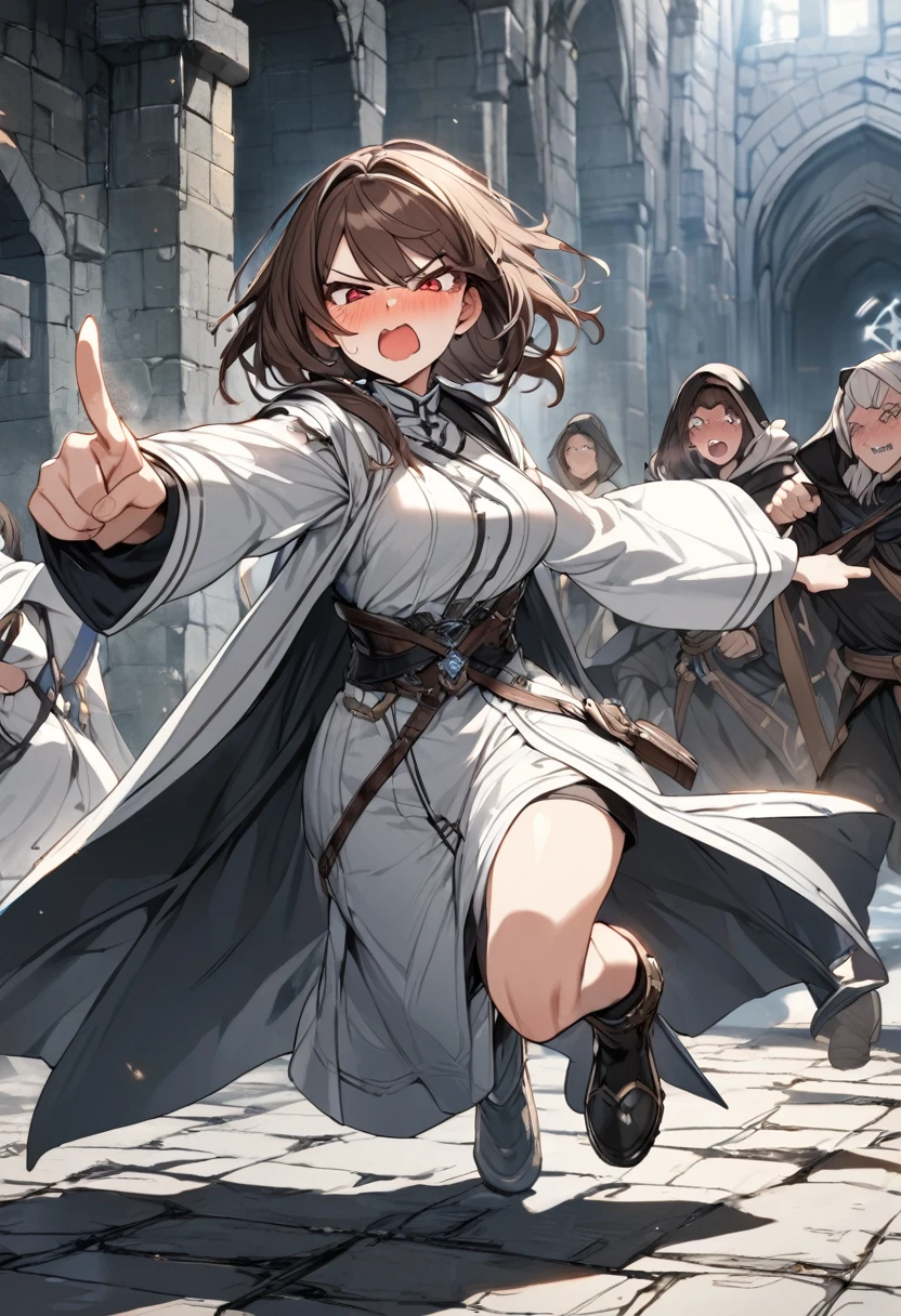 Adult female, dark fantasy, very short brown hair, red eyes, cleric, black on white cleric robes, blushing, angry, dungeon, pointing, running, highly detailed, high quality