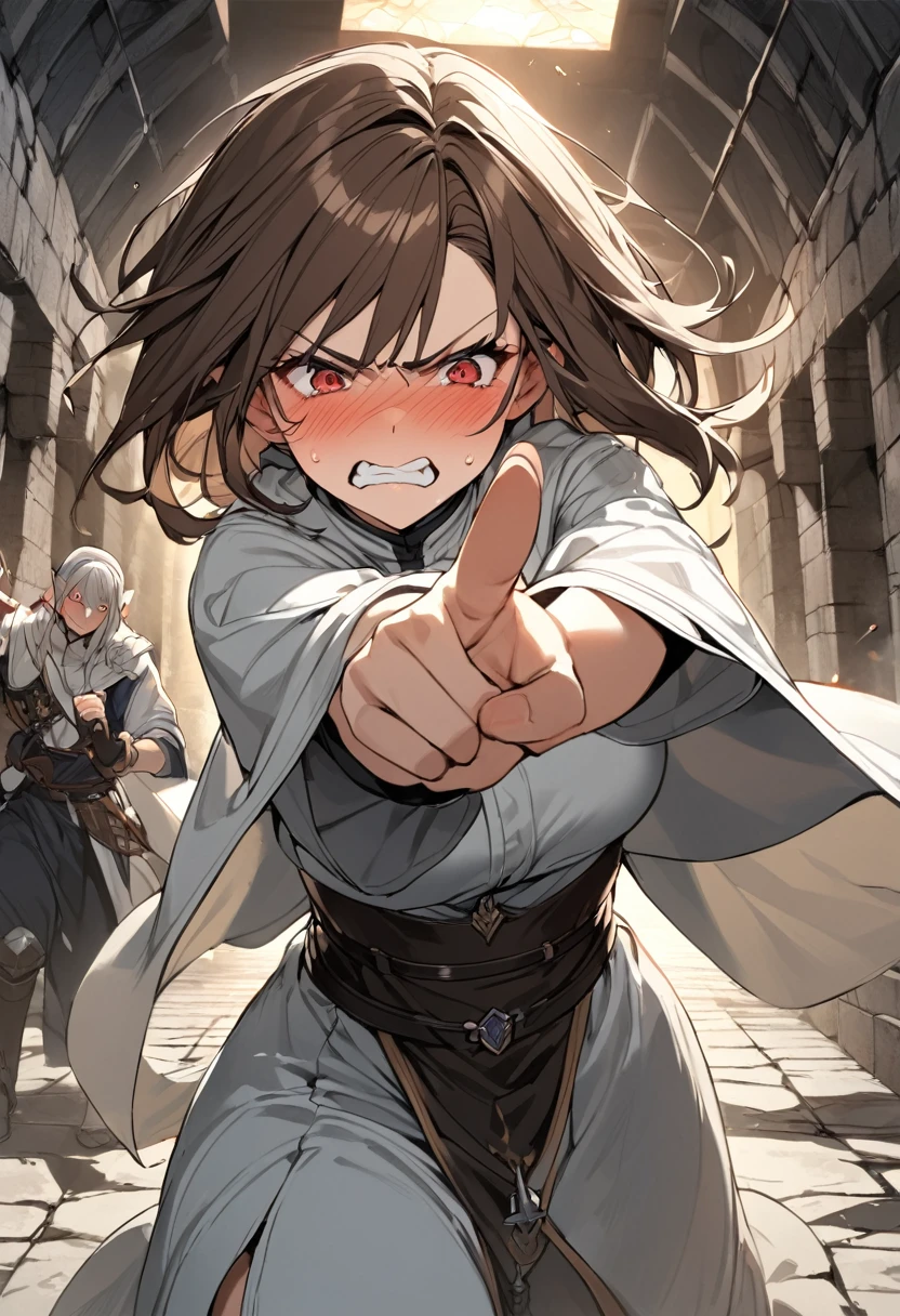 Adult female, dark fantasy, very short brown hair, red eyes, cleric, black on white cleric robes, blushing, angry, dungeon, pointing, running from monsters, highly detailed, high quality, perfect eyes, expressive eyes, dirty, cuts, incredible background detail