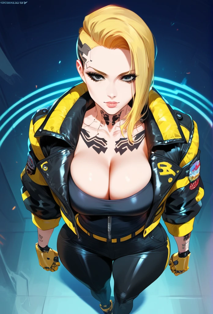 mixed_artwork style, cleavage, 1 girl, standing alone, hands, (Better quality, 4k, Masterpiece :1.3), beautiful, hyper realistic, ultra-detailed face, Detailed Lips, detailed, Robotic arms, defined body, black eyes, black and yellow eyeballs, Black tattoo, Yellow electricity through the arm, Long yellow hair, neck tattoo, cyborg, fighter, rebel outfit, cyberpunk style, Wide hips, strong legs , military pants, neon jacket, Photography from above