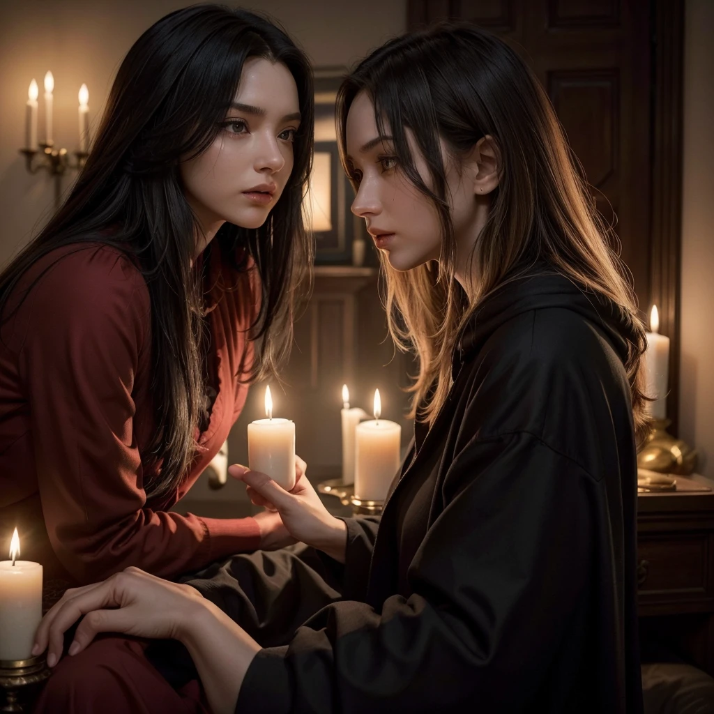 
- Scene: Create an image of two people in love in a setting of mystery and passion.
  
- Woman's Appearance:
  - Resembles Beyoncé
  - Brown skin
  - Long, golden blonde curly hair
  - Confident and seductive expression
  - Wearing a red dress, elegant and form-fitting
  - Lips painted a deep, intense red

- Man's Appearance:
  - Resembles Severus Snape (Alan Rickman)
  - Pale skin
  - Large nose
  - Black, straight hair falling around his face in a somber manner
  - Serious and intense expression
  - Wearing a black cloak, contrasting with the flames around them

- Atmosphere:
  - Surrounded by flames, creating a mystical and fiery ambiance
  - Soft lighting highlighting their faces, enhancing the sparkle in their eyes
  - Flames adding an element of intensity and mystery to the scene
  - They are close to each other, gazing intensely into each other's eyes, exuding a strong emotional connection