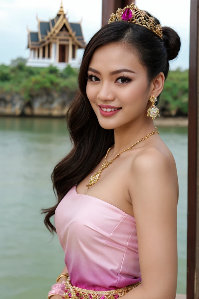 (masterpiece), best quality, ultra high res, , (princess:1.3), standing, (NSFW), lace underwear, beautiful face,( thailand tradition house:1.3),,(cute girl:1.3), ( thai ombre magenta pink detailed traditional dress:1.3),(traditional body strap:1.2) big ,detailed background , gloves, hair bun, , big hair_ornament, ear ornaments, ear peice, ear jewelries, big crown, big jewelry, hair_stick, jewelry, necklace, bracelets, arms jewelry, (seductive:1.3), ( looking at viewer:1.5) , ocean,flowers, beautiful day, close eyes, enjoying the breeze ,side angle, beautiful smile,