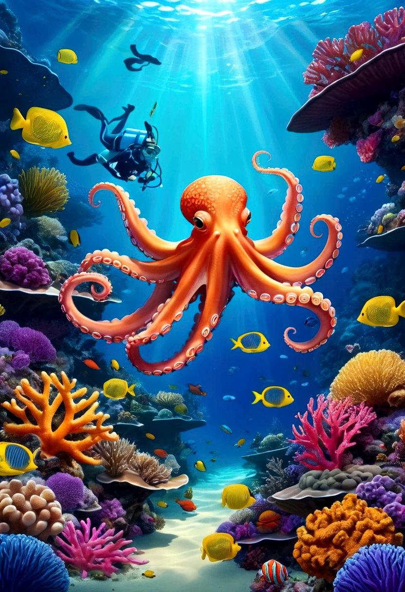 The background of the illustration is a wide and bright sea. A swimming octopus, There is a beautiful area of coral reefs in the sea,Corals are colorful and diverse,It emits a colorful glow,Small fishes are swimming freely around.,The whole illustration is full of warmth and energy,Marine life swimming freely in a bright underwater world,It gives a peaceful and lovely feeling