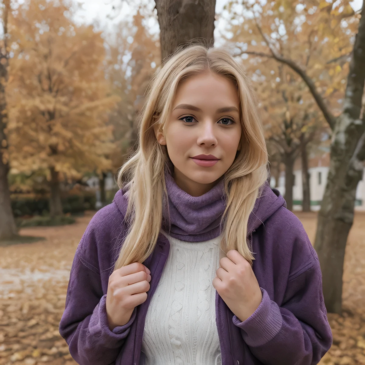 A blonde woman, role model, with cold clothes, in front of a tree, in autumn, radiant purple clothes, with purple winter coat