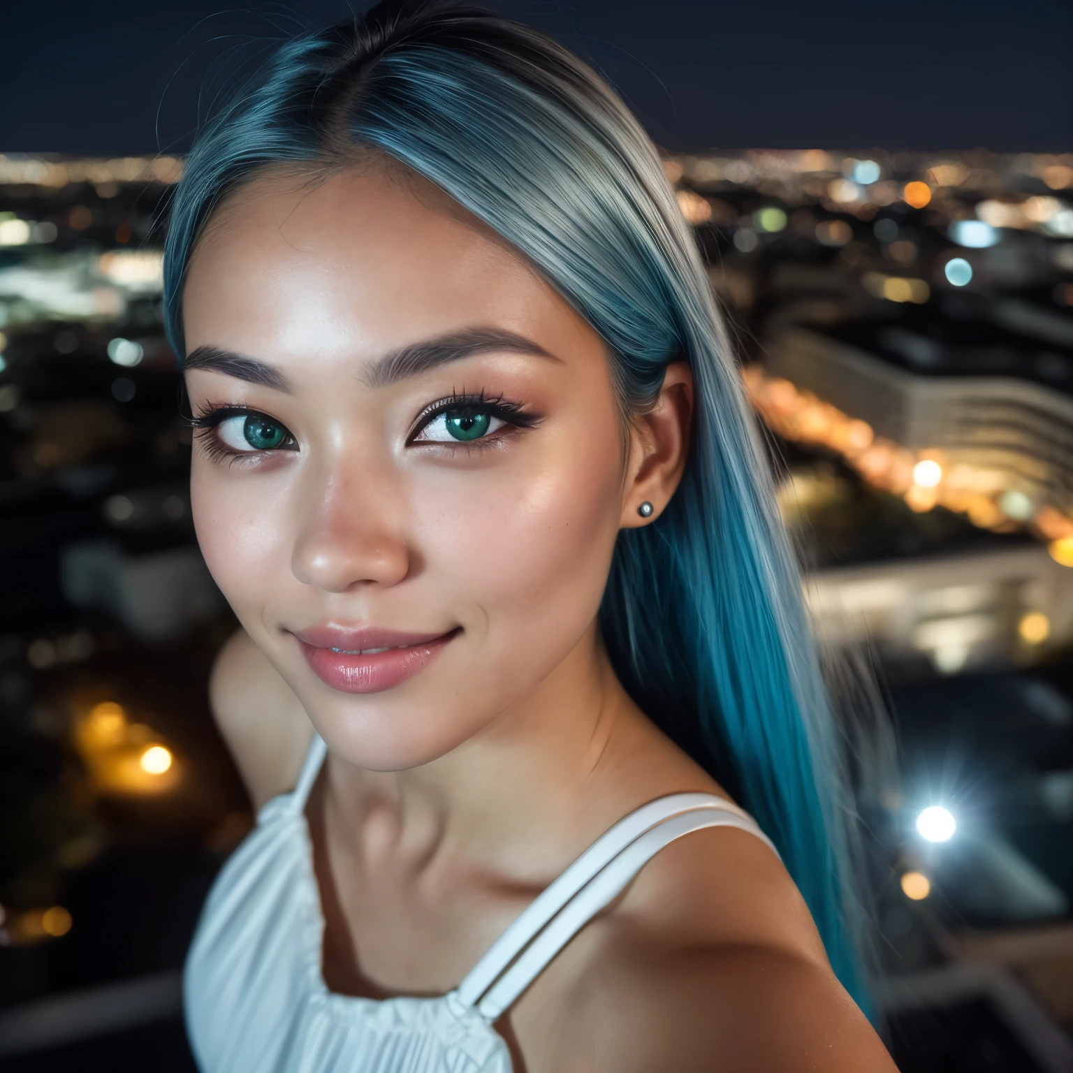 (selfie shot, from above: 1.4), (half-body portrait: 1.4), woman with white skin and Asian features, 24-year-old blue hair (green-eyed woman) walking in a bar RAW uhd portrait photo, natural breast_b, Her eyebrows are well-defined, with a natural arch that complements her eye shape. She has a small, elegant nose with a slight upward curve at the tip. Her lips are full and naturally pink, with a well-defined Cupid's bow. Her teeth are straight and white, enhancing her captivating smile. Her face has an oval shape with high cheekbones that add to her model-like appearance. city background at night, (yellow sundress), (crack), detailed (texture!, hair!, shine, color!!, flaws: 1.1), highly detailed glowing eyes, (looking at camera), specular light, dslr, extreme quality, sharp focus, sharp, dof, Film grain, (centered), Fujifilm XT3, crystal clear, center of frame, cute face, sharp focus, street lamp, neon lights, bokeh, (dark light), low key, night, (night sky ) detailed skin pores, oil Dark skin, brown, complex eye details