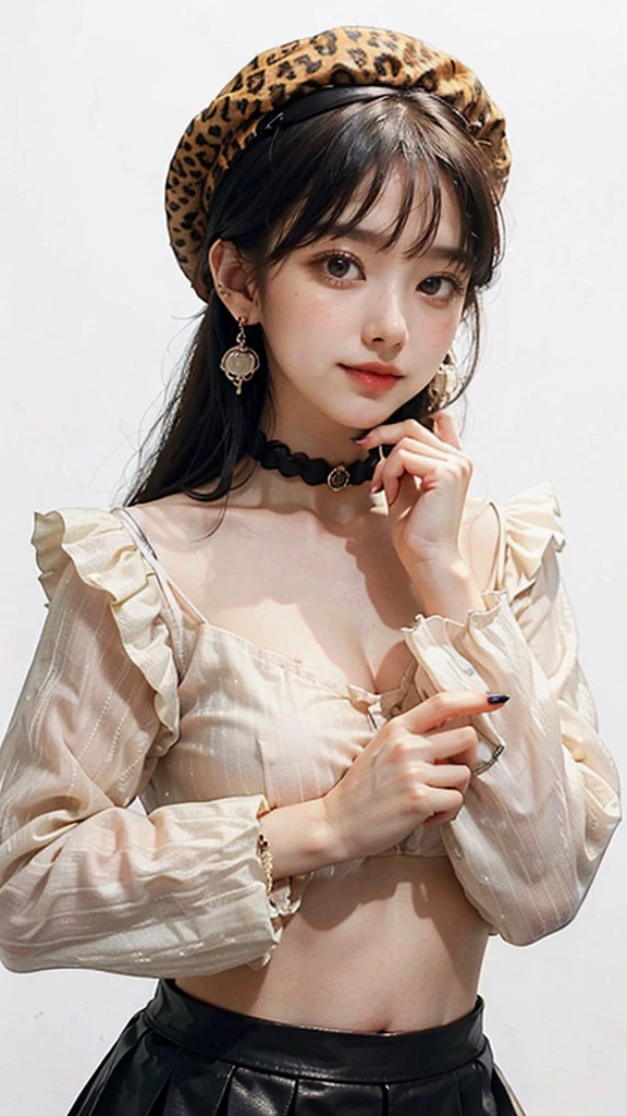 mayuzumi fuyuko, 1girl, solo, black hair, hat, jewelry, long hair, looking at viewer, bangs, earrings, skirt, white background, smile, shirt, simple background, heart earrings, long sleeves, heart, black headwear, black shirt, frilled choker, breasts, brown eyes, choker, blunt bangs, upper body, beret, medium breasts, brown skirt, frills, nail polish, ribbon, red nails, closed mouth, animal print, blush, frilled sleeves, leopard print, neck ribbon, own hands together