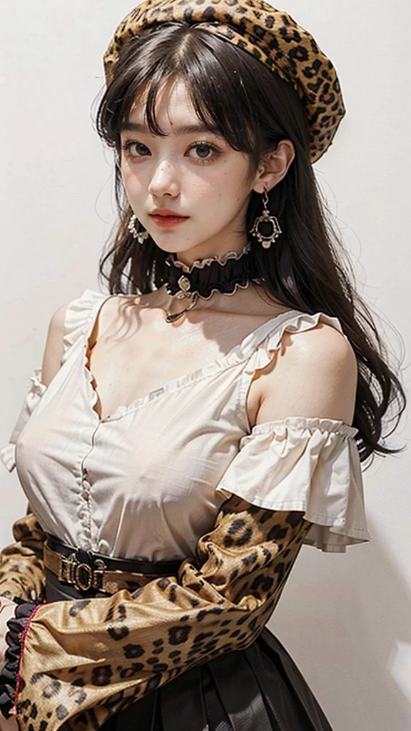 mayuzumi fuyuko, 1girl, solo, black hair, hat, jewelry, long hair, looking at viewer, bangs, earrings, skirt, white background, smile, shirt, simple background, heart earrings, long sleeves, heart, black headwear, black shirt, frilled choker, breasts, brown eyes, choker, blunt bangs, upper body, beret, medium breasts, brown skirt, frills, nail polish, ribbon, red nails, closed mouth, animal print, blush, frilled sleeves, leopard print, neck ribbon, own hands together