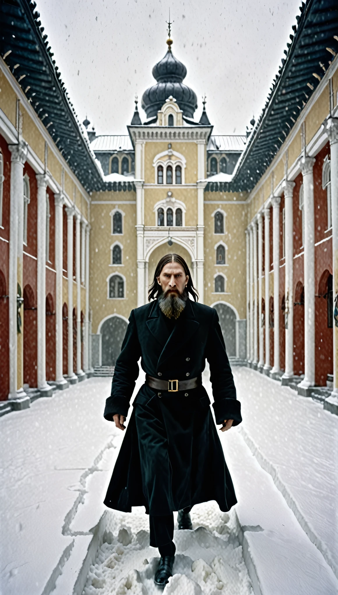 Rasputin bound and being dragged, showing determination and resistance, December 1916, wearing his dark robe, through a snow-covered palace courtyard, with the palace looming in the background, wide shot, hyper-realistic, photo realism, cinematography. Camera lens size should be 200mm, aperture setting f/4.5, and ISO 1600. The artistic medium should be color photography.